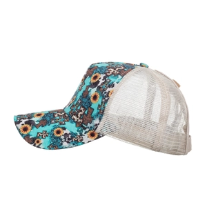 Cross-embroidered trucker hat with sunflower and cow print mesh back for women