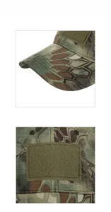 Detail view of tactical camo baseball cap showing top velcro area and reinforced stitching