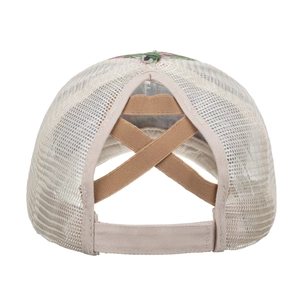 Beige criss-cross mesh baseball cap for high ponytails with breathable back design