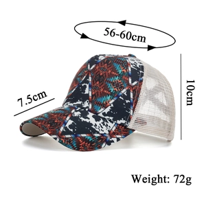 Mesh baseball cap with geometric tribal pattern and breathable cream mesh back