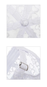 Detail of white lace baseball cap featuring silver metal buckle and heart pattern mesh