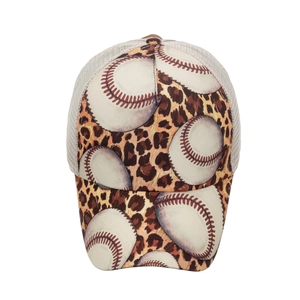 Fashionable trucker hat featuring leopard print and baseball graphics with breathable mesh