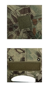 Detail of ripstop camouflage tactical cap showing velcro patches and metal eyelets