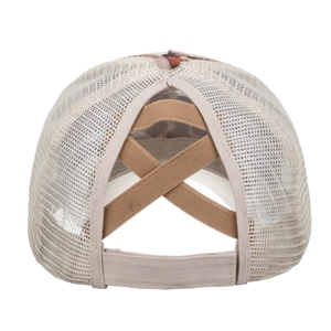 Beige mesh ponytail baseball cap featuring a unique dual-cross elastic back design