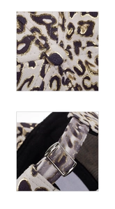 Detail of leopard print baseball cap with gold glitter texture and adjustable metal buckle