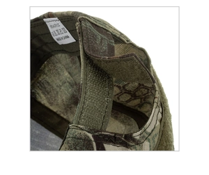 Close-up of adjustable velcro strap and 100% acrylic wash label on camouflage baseball cap