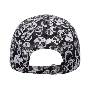Back view of a street style baseball cap with white skull prints and red eye accents