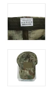 Detail showing tactical camo cap weight and interior wash label with fabric information