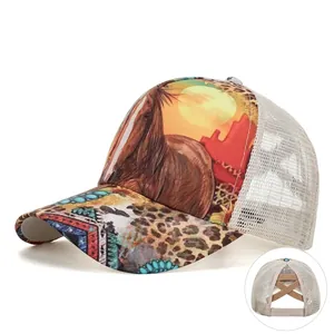 Western Horse Sunset Leopard Print Criss Cross Ponytail Trucker Hat For Women Distressed Mesh Baseball Cap Breathable Sun Hat