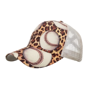 Leopard print trucker hat with white mesh back and baseball graphic on front panel