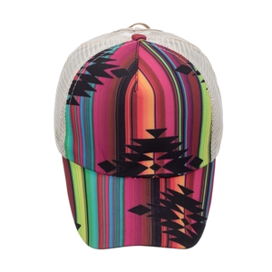 Colorful striped canvas baseball mesh truck hat with geometric pattern on white background