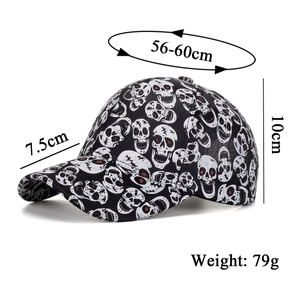 Canvas baseball cap with white skull print and red eye accents on a white background