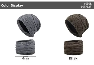 Detailansicht der grauen und khakifarbenen Strickmütze und des Loopschals mit Fleece-Futter