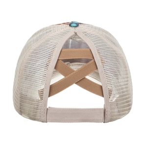 Light beige mesh trucker hat with elastic criss cross ponytail hole and leopard print detail
