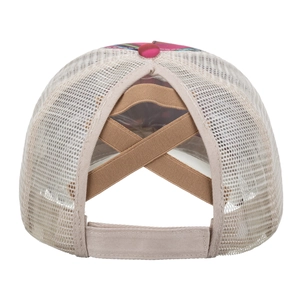 Women's ponytail baseball cap with criss-cross elastic bands and red blue stripes