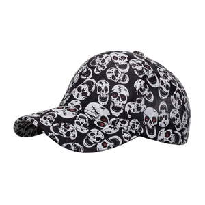 Black baseball cap with all-over white skull patterns and red glitter eye details