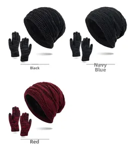 Winter thermal knit hat and touch screen gloves set in black navy blue and red colors