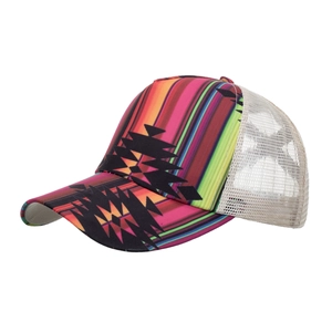 Colorful trucker hat with striped pattern and ethnic print featuring breathable mesh