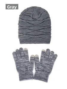 Winter thermal set featuring a grey knitted beanie and touch-screen gloves with soft fabric