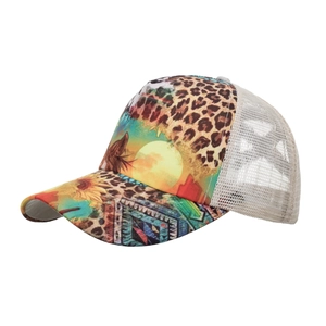 Multi-pattern mesh baseball cap with leopard and sunflower print from a 45-degree angle