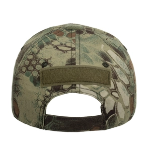Rear view of tactical camouflage baseball cap with adjustable Velcro strap and patch area