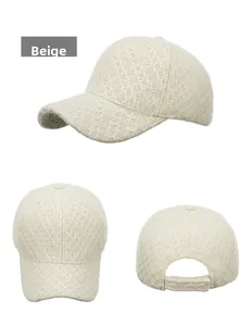 Detailed views of beige knit baseball cap with hollow lace texture and adjustable strap
