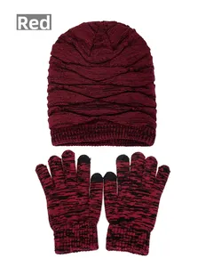 Winter knit hat and touchscreen gloves set in red and black mixed yarn texture