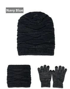 Ensemble d'hiver 3 pièces en tricot bleu marine avec bonnet, écharpe et gants tactiles