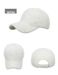 Detailed multi-angle view of white lace knitted baseball cap with breathable mesh texture