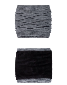 Detail of winter neck warmer showing grey knit wave pattern and thick black fleece lining