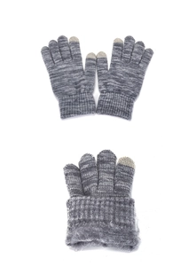 Detail of gray knit gloves with touchscreen fingertips and thick fleece lining for winter warmth