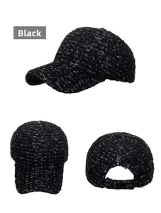 Vues détaillées de la casquette de baseball en laine d'agneau noire avec texture en tweed