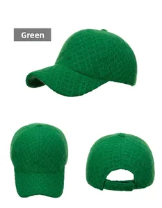 Close-up detail showing the knitted mesh texture of the green baseball cap in multiple views