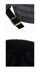 Détail de la casquette plate en coton gris avec étiquette 100% coton et boucle en métal
