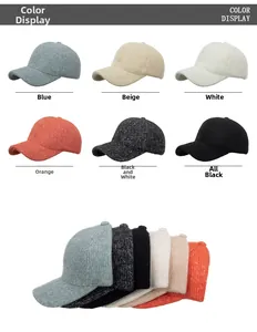 Detail showing various colors of thick knitted baseball caps with warm wool texture
