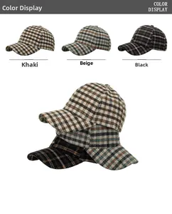 Plaid baseball caps for winter in khaki, beige and black colors display overview