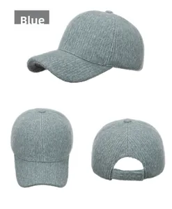 Three-view layout of blue knit baseball cap showing front side and back details