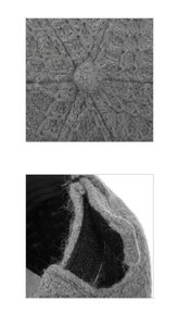 Detail showing the gray knitted texture, warm plush lining, and adjustable back closure