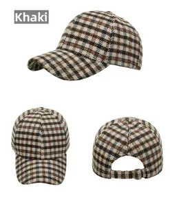 Three-view layout of a thick plaid baseball cap in khaki with an adjustable metal buckle