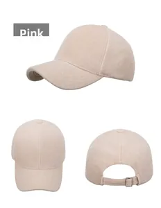 Detailed views of pink faux mink fur baseball cap showing front, side and back metal buckle