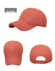 Multi-angle views of the orange knitted baseball cap with warm thick fabric and adjustable strap