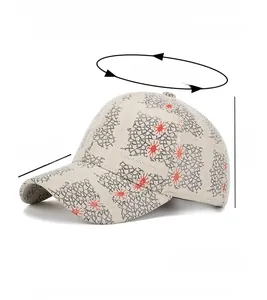 Detail view of beige baseball cap with mesh pattern showing 7.5cm brim and 10cm height