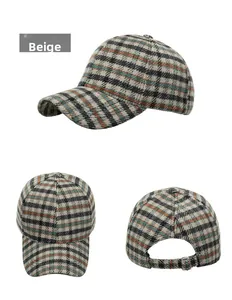 Multiple views of a beige plaid baseball cap with adjustable metal buckle closure