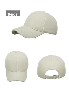 Detailed views of the beige faux mink fur baseball cap with adjustable metal buckle closure
