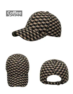 Detailed views of coffee brown baseball cap with 3D geometric cube patterns and metal buckle