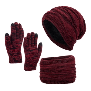 Ensemble d'hiver 3 pièces avec bonnet, tour de cou et gants tactiles en bordeaux chiné