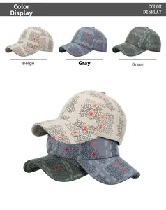 Detail of three baseball caps showing spider web patterns in beige grey and green