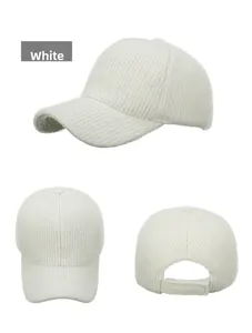 Detailed views of creamy white knitted baseball cap with thick ribbed texture and adjustable strap