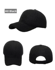 Three views of black winter baseball cap with silver lurex thread and adjustable strap buckle