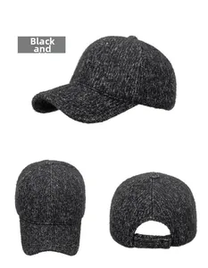 Three-view detail of a thick black and white knitted baseball cap with fuzzy texture